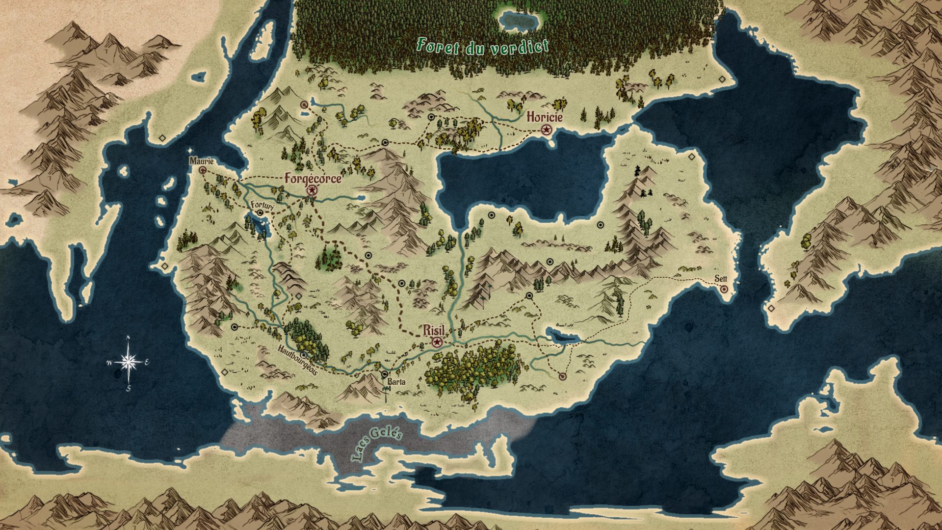 Carte du royaume de Ménestria et de ses voisins, sur le continent de Nessa